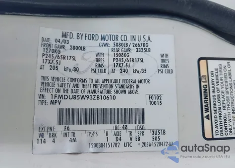 2003 Ford Explorer Limited z USA, uszkodzony, nr VIN 1FMDU85W93ZB10610